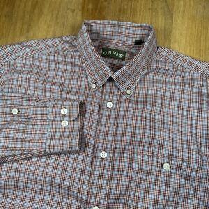 Orvis Long Sleeve Button Down Shirt Mens L Red Plaid Outdoors Hiking Casual